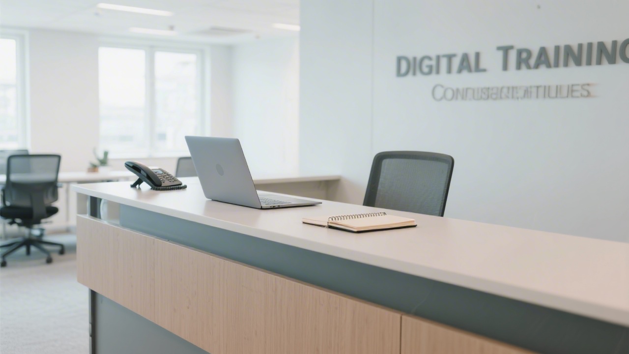 Professional reception desk with laptop, phone and notebook in a bright office, calm environment suitable for digital training consultations and client communication.