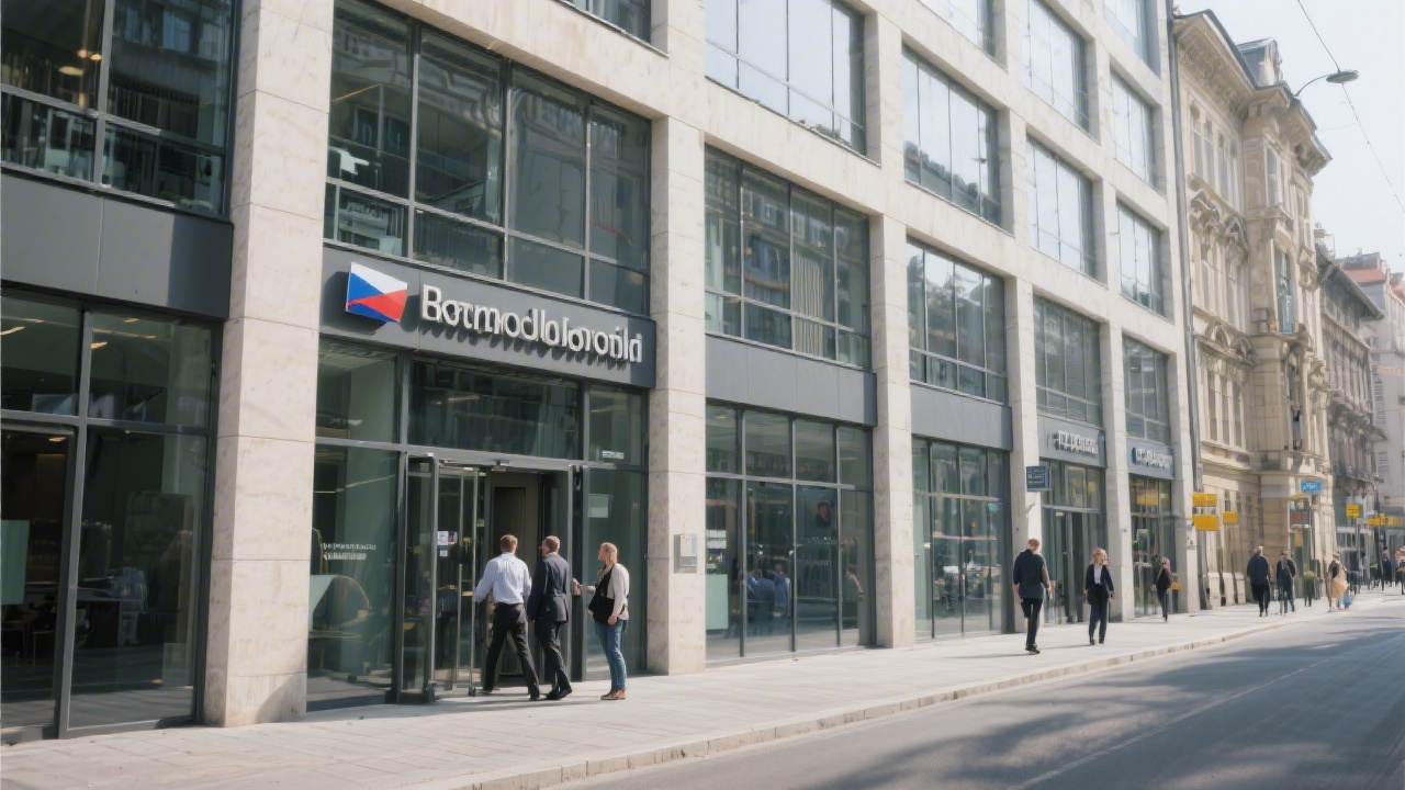 Street-level view of a modern office building in Prague with clear signage, people entering, calm urban setting, representing professional Czech business environment.