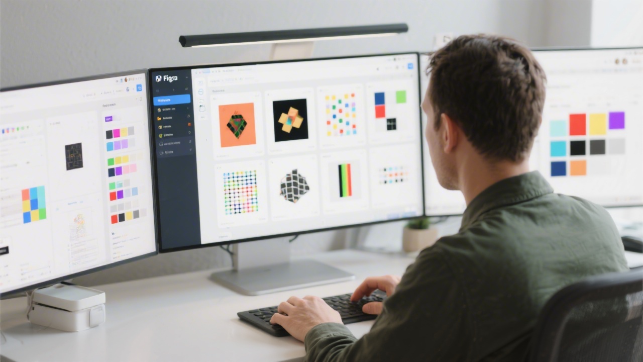 Designer working on a Figma interface with multiple artboards, clean workspace, visible color styles and components panel, professional digital design training environment.