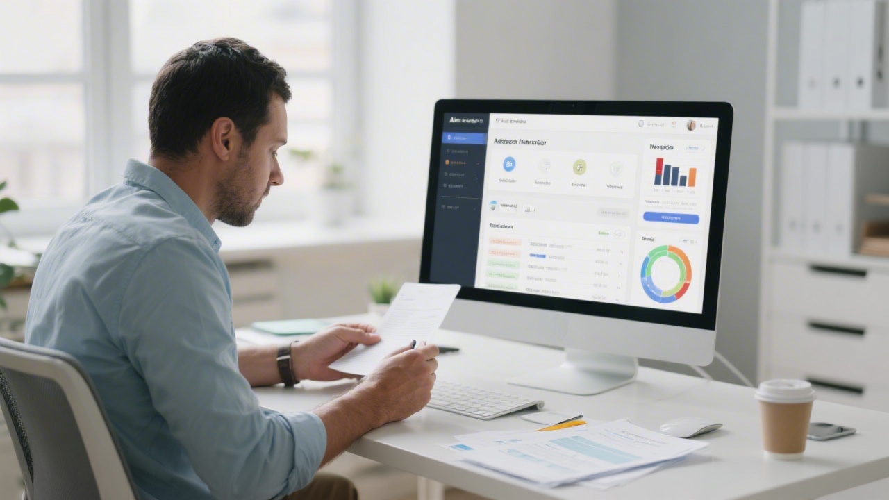 Marketing specialist reviewing campaign notes next to a desktop monitor with ads manager interface, clean workspace with documents and coffee, realistic performance marketing preparation scene.