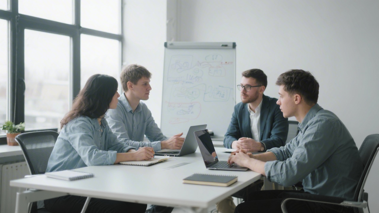 Small digital education team discussing project outlines at a modern office table with notebooks, laptop and whiteboard, realistic collaborative atmosphere and focused expressions.